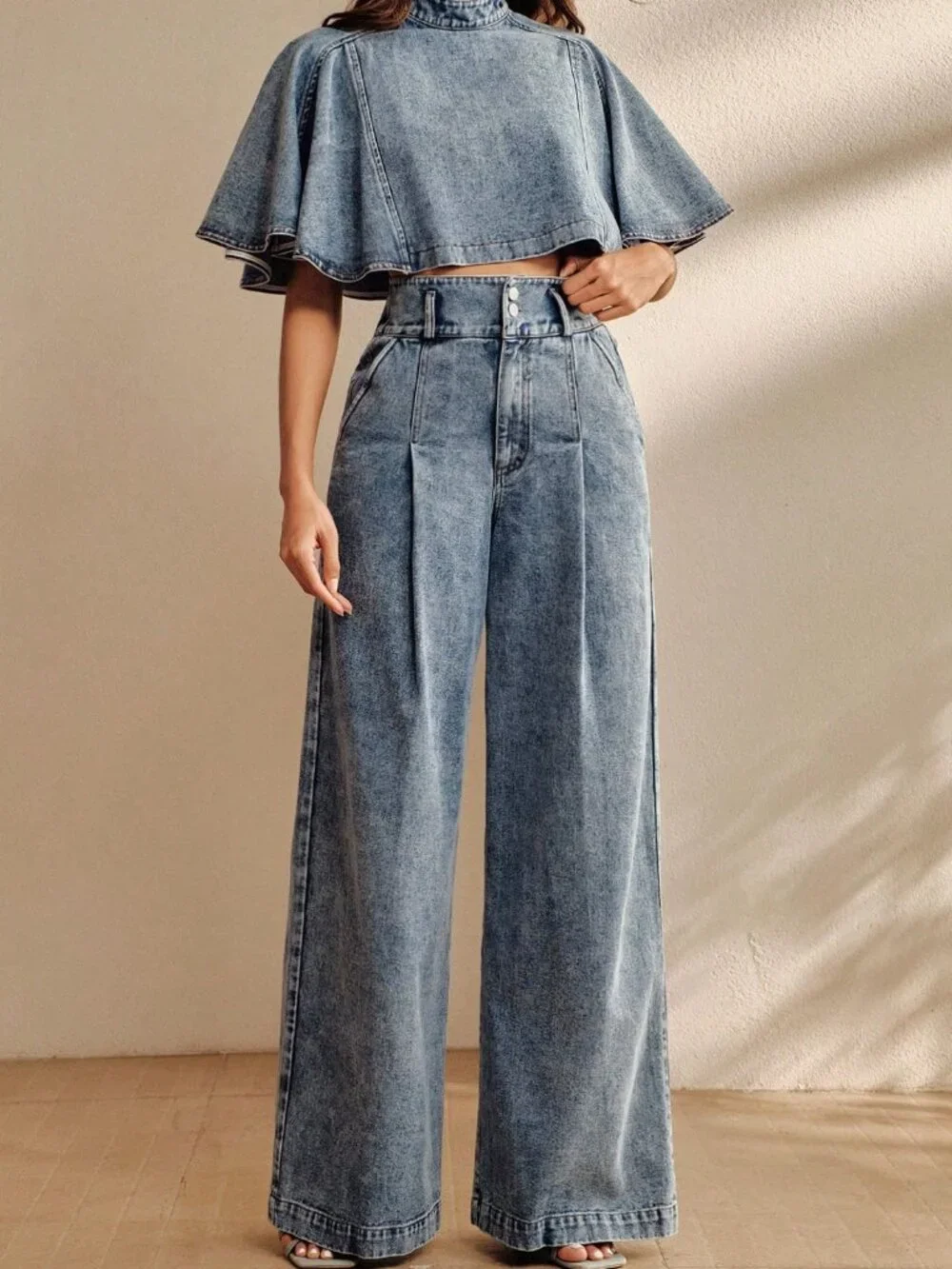 Blue Casual Women's Denim High Waist Wide Leg Pants & Short Sleeve Cape Set